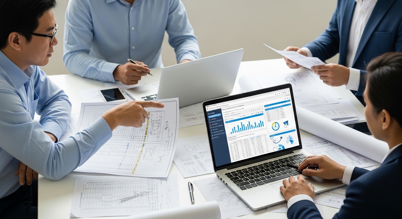 Equipe de engenharia e compras analisando requisicoes e materiais de obra