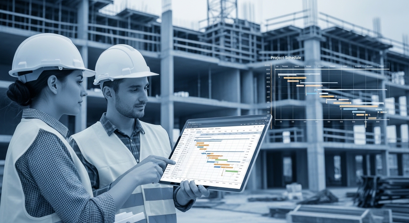 Engenheiros em obra analisando cronograma digital em tablet