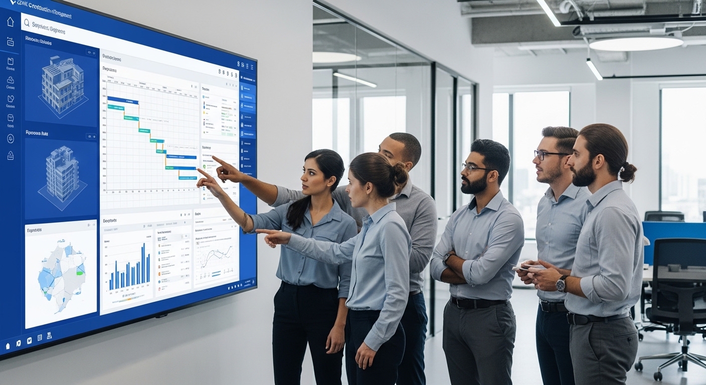 Equipe de engenheiros colaborando diante de um painel digital de gestao de obras