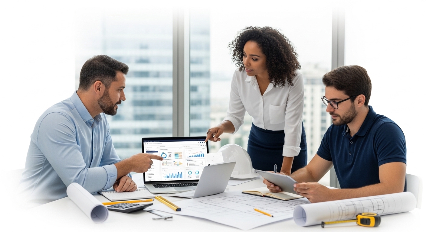 Engenheiros civis usando telas digitais, plantas e dashboard de planejamento