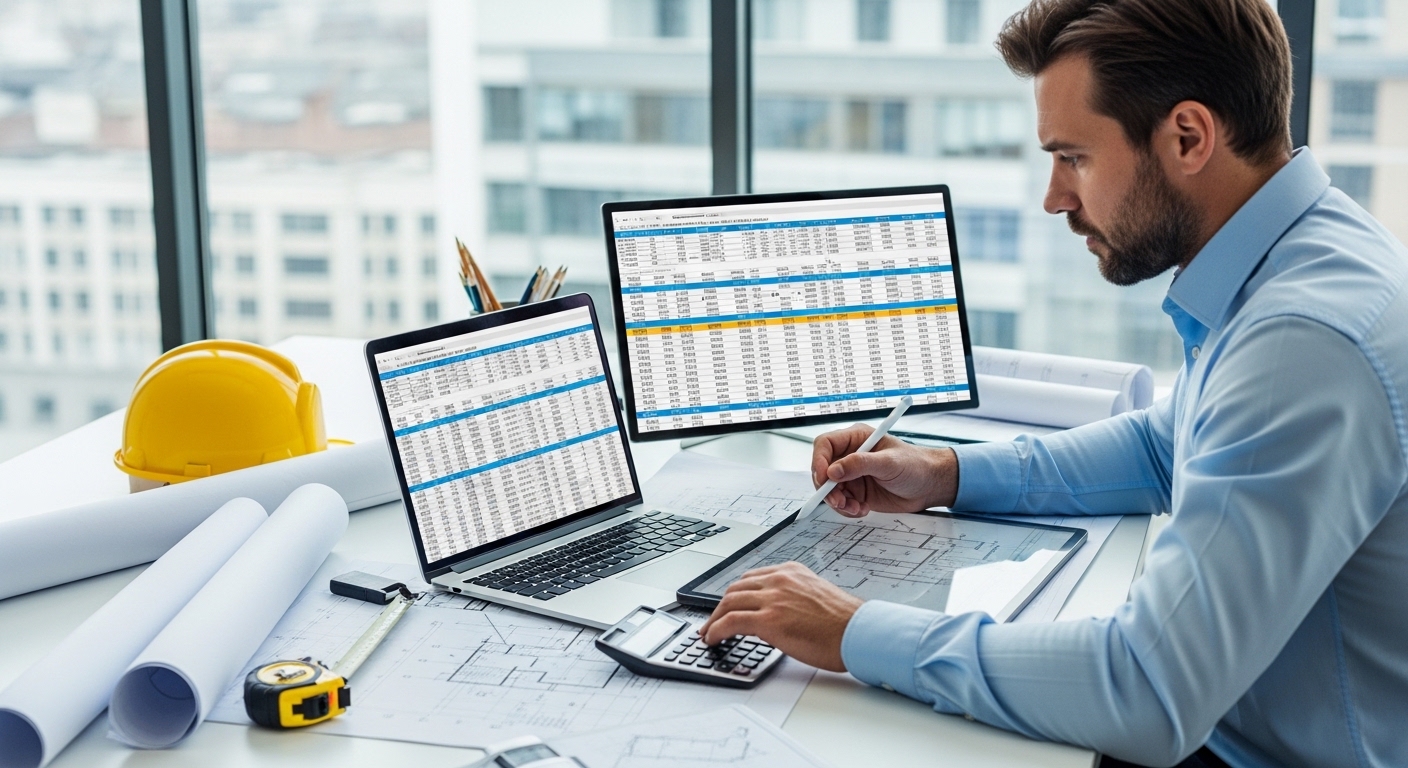 Engenheiro analisando orcamento e quantitativos de obra em ambiente corporativo